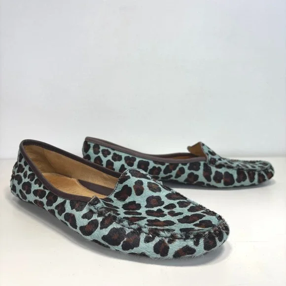 Patricia Green A Mano Turquoise Leopard Calf Hair Driving Loafers Size 9.5 - Picture 2 of 11